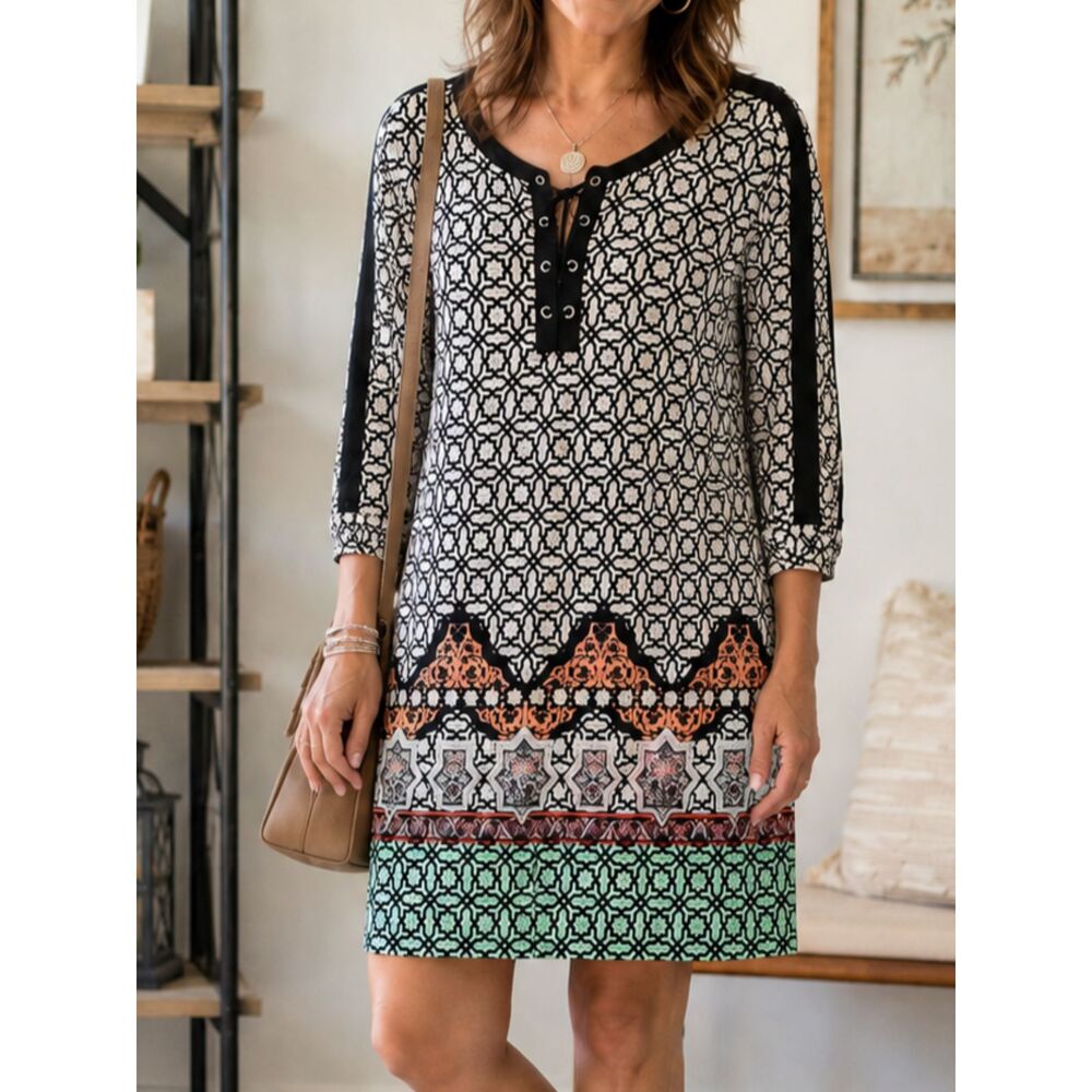 Style & Co Small Boho Geometric Border Print Lace Up 3/4 Sleeve Shift Dress